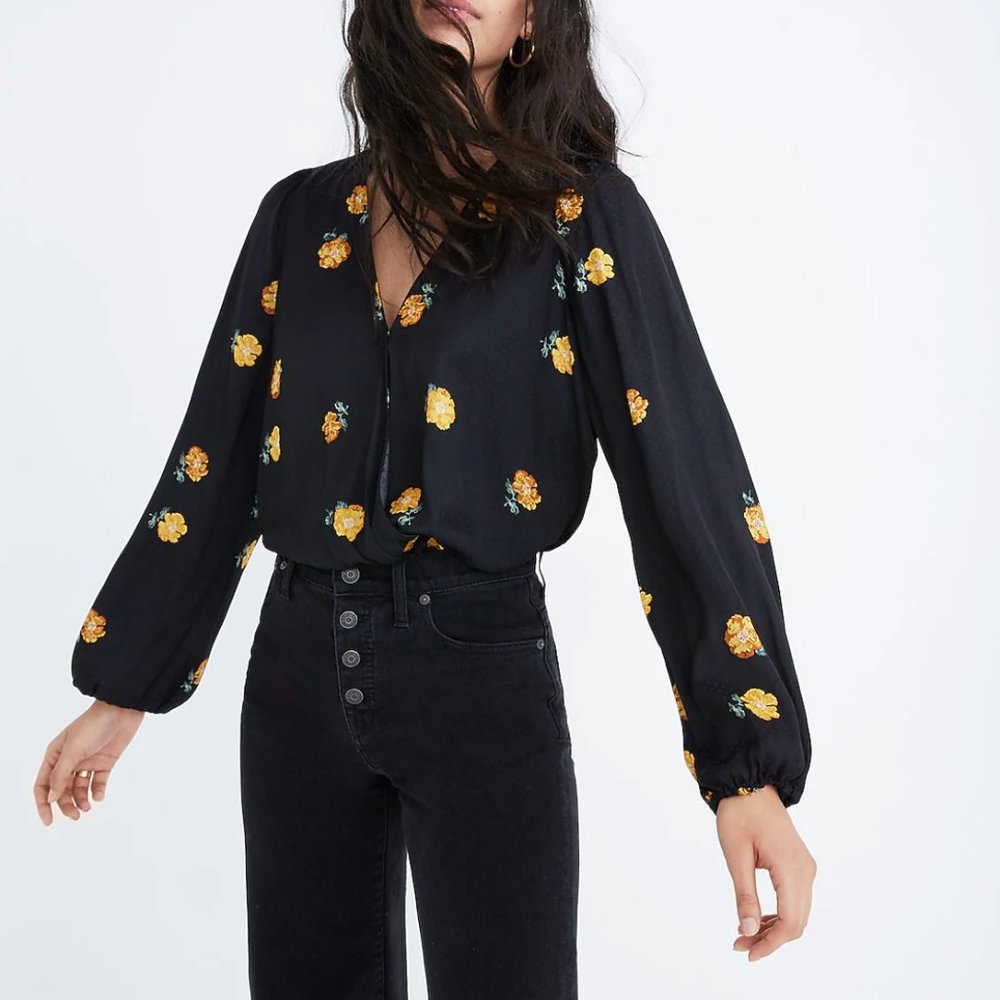 Madewell Bubble Sleeve-Wrap Top in Floating Florets